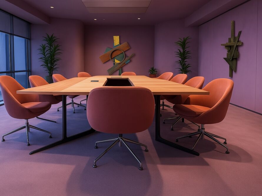A modern boardroom with art by Billy Sherry on the walls.