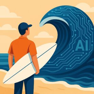 Illustration of a man holding a surfboard on a Nantucket beach, facing a large ocean wave designed with circuitry patterns and the letters 'AI' to represent the impact of artificial intelligence.