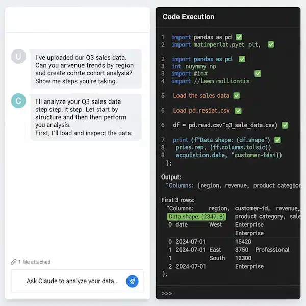 Claude API code interpreter screenshot showing data analysis interface and results