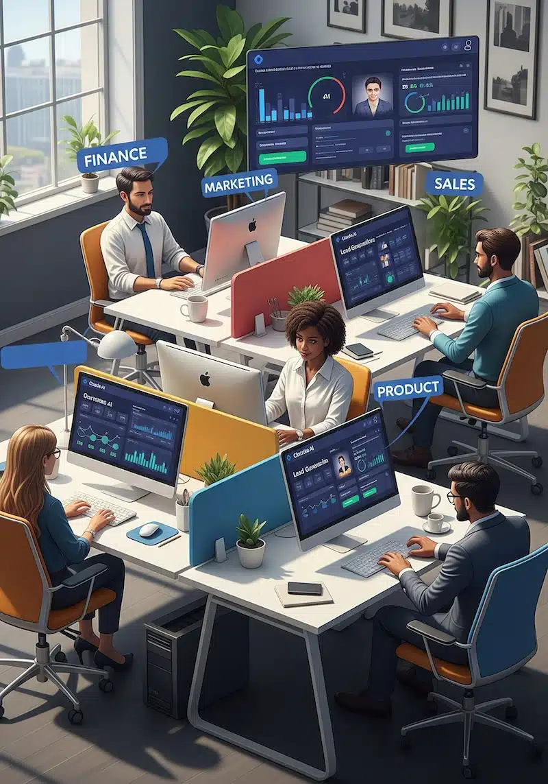 Modern office scene showing professionals using Claude AI for spreadsheet analysis and data work